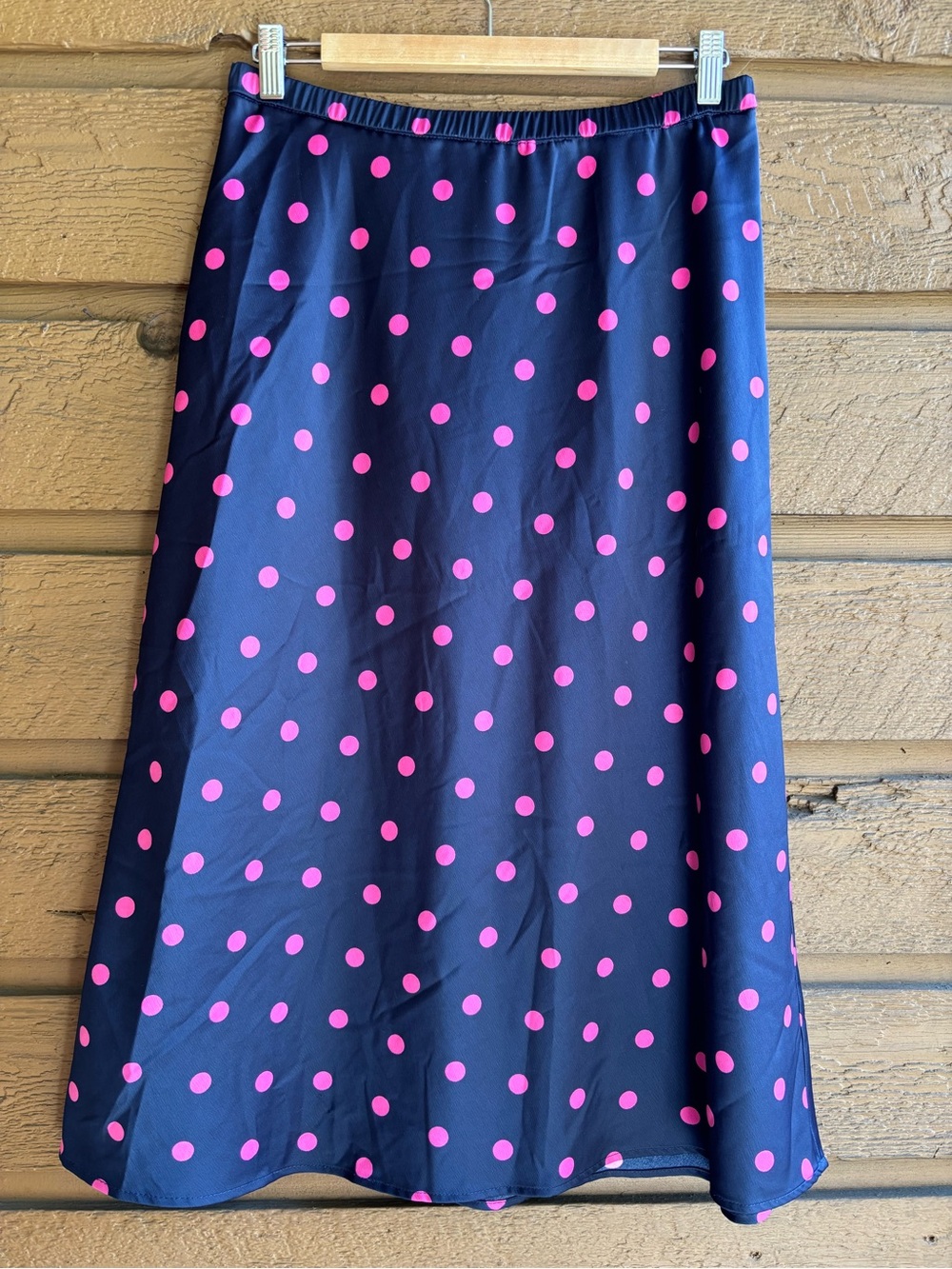 Zara Navy Blue and Pink Polka Dot Satin Midi Skirt